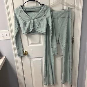Out from Under Loungewear Set - Green/Teal - Long Sleeve Cropped Top with Pants